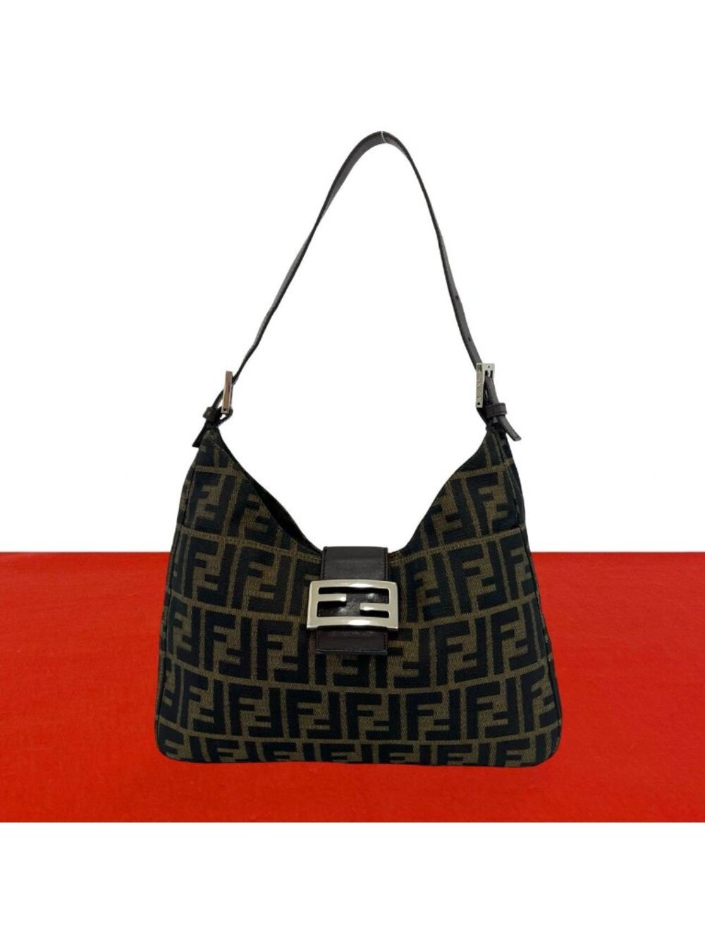 Fendi Zucca FF Pattern Canvas Leather Shoulder Bag Brown Black